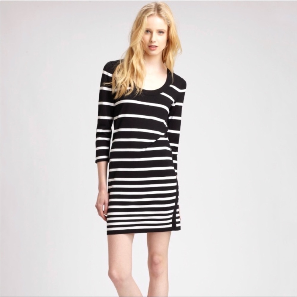 Rag & bone Sara black cream tan stripe knit long sleeve scoop neck sweater dress